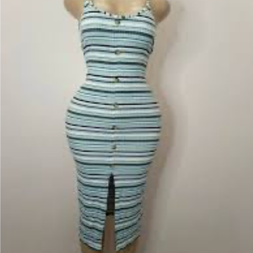 No Boundaries Blue Striped Midi Dress with Front Buttons